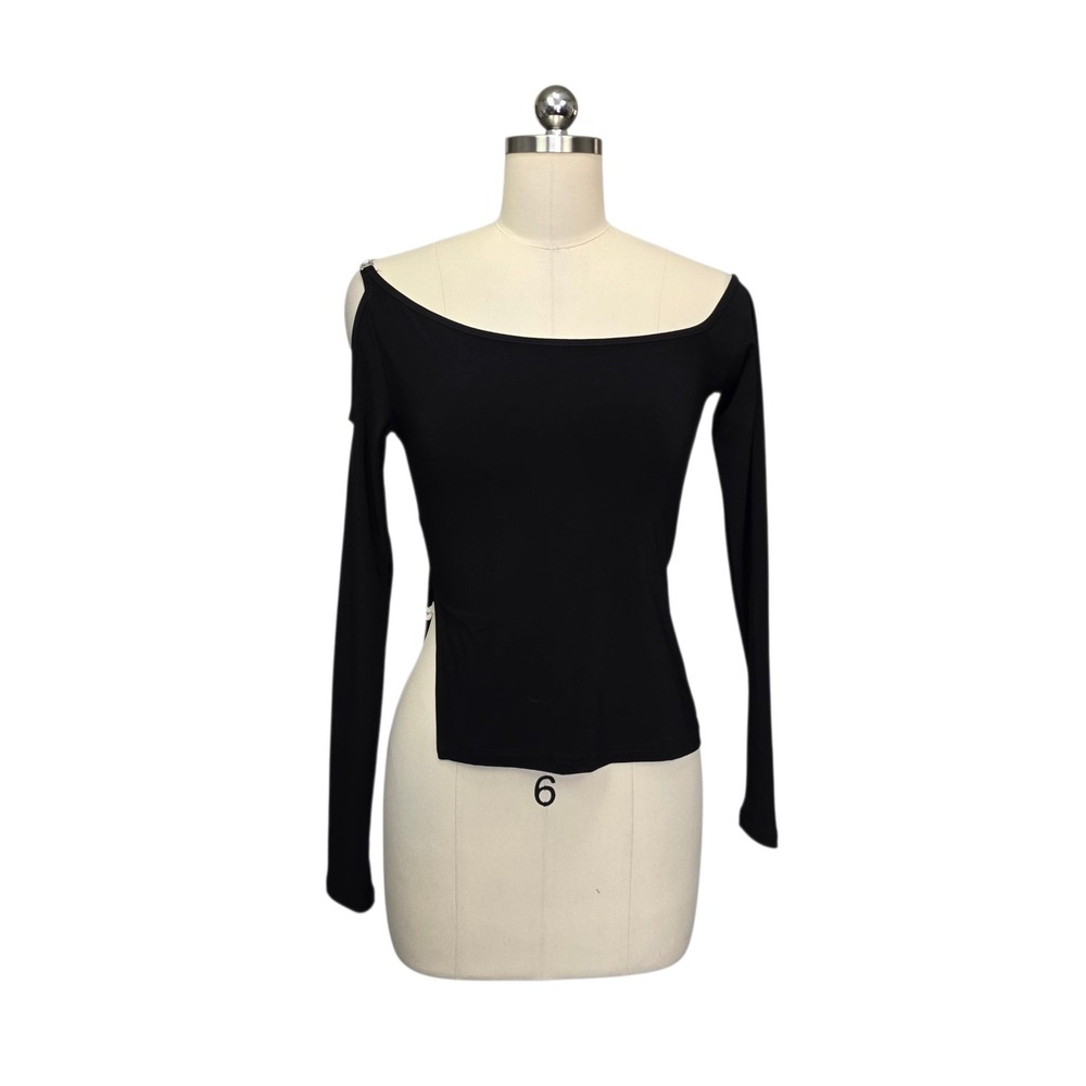 I.AM.GIA Black Asymmetrical Cold Shoulder Long Sleeve Top Silver Hardware Sz XS